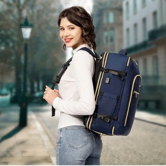 Multi-Pocket Travel Backpack - Navy & Gold - Picture 9 of 9